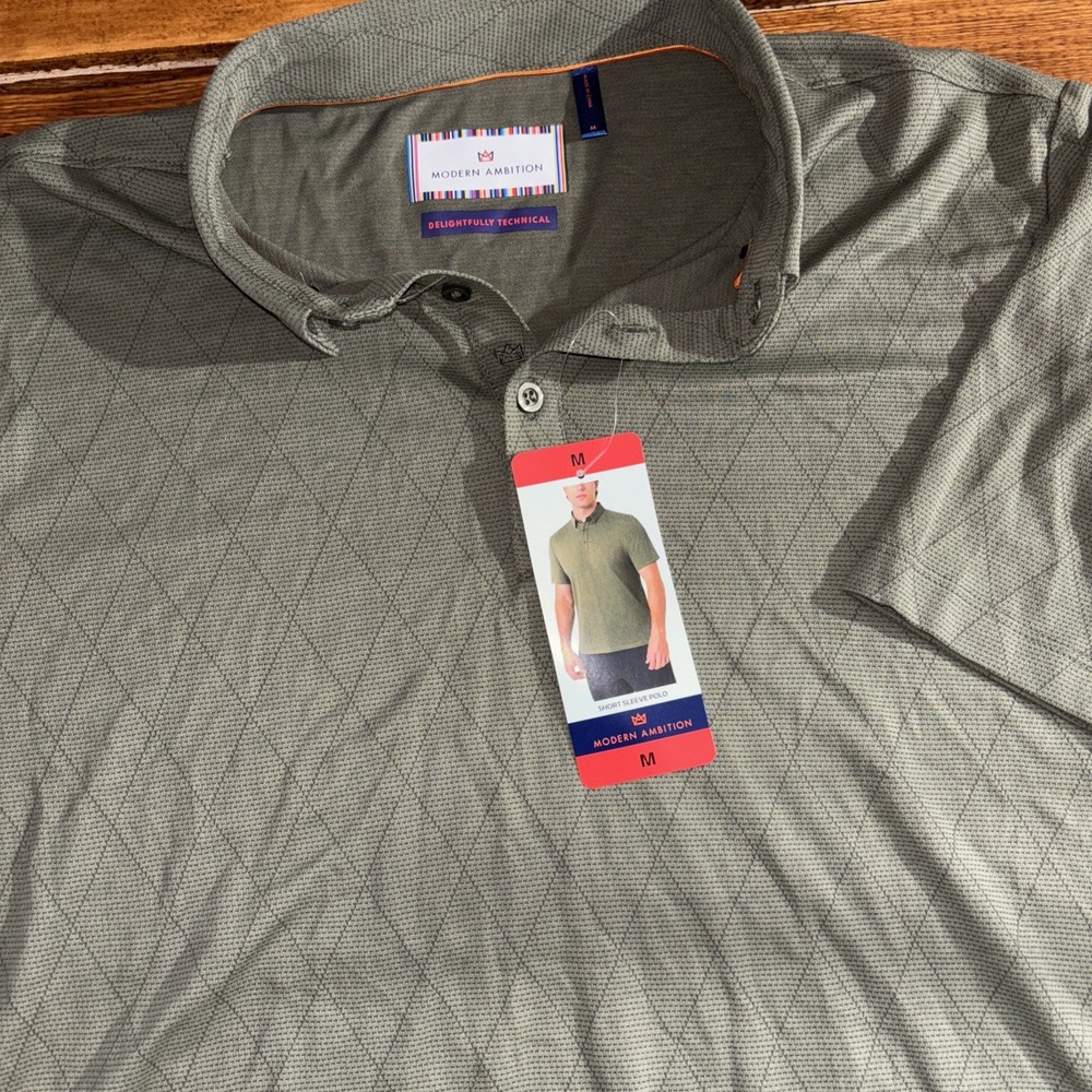 Modern Ambition Polo Shirt Mens Medium Green Diamond Geometric Technical NWT